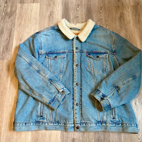 Levi's Men Sherpa Trucker Jacket Denim Light Wash Splitsville 3XL VTG Jean Fuzz - Picture 10 of 16